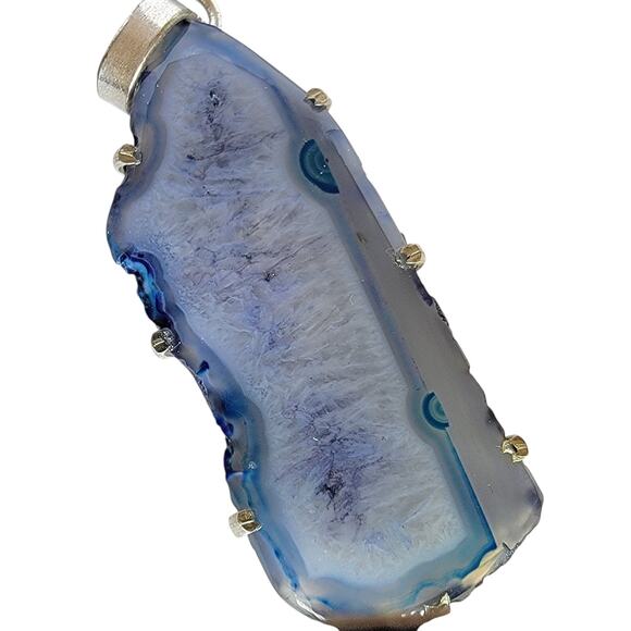 Blue Agate Slice Pendant – Sterling Silver Handmade 3" Crystal Necklace - Picture 2 of 12